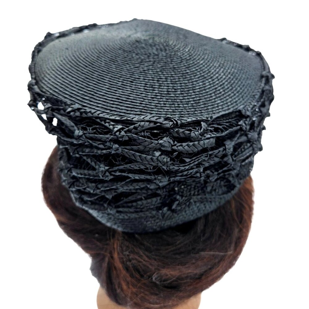 Vintage Black Woven Straw Pillbox Cage Hat Buffums Pinehurst 22" 1960s - Picture 5 of 12